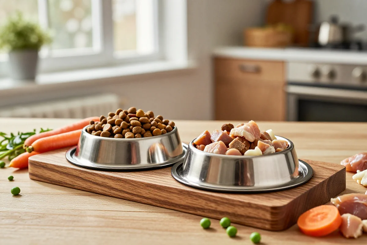 Fôringsstasjon for hund med tørrfôr og våtfôr, sunn ingredienser rundt.
