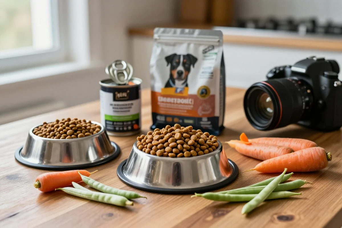 Variert hundemat med kibble, våtmat og ferske ingredienser på bordet