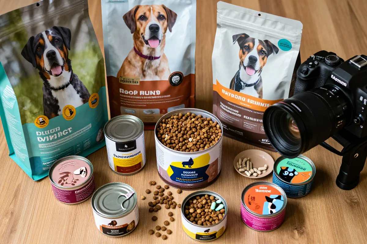 Varierte hundematprodukter som tørrfôr, våtfôr og kosttilskudd.