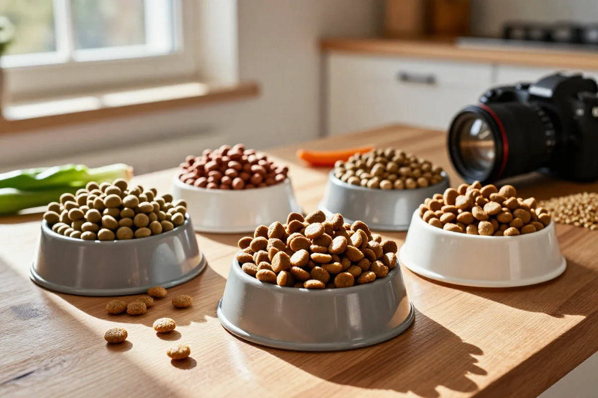Boller med tørrfôr og våtfôr for hunder, med ferske ingredienser i bakgrunnen.
