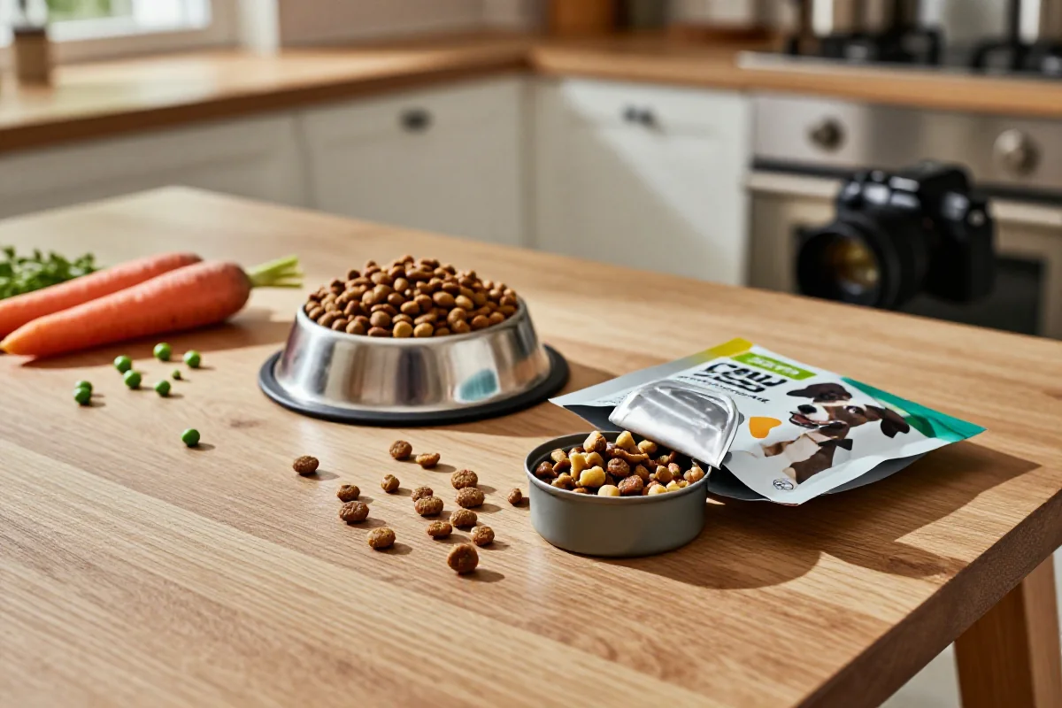 Hunden nekter ny mat: Tørrfôr og våtfôr på kjøkkenbord.
