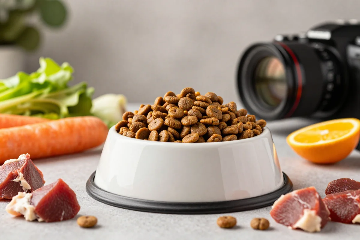 Hunden spiser som om den sulter med hundemat og ferske ingredienser.