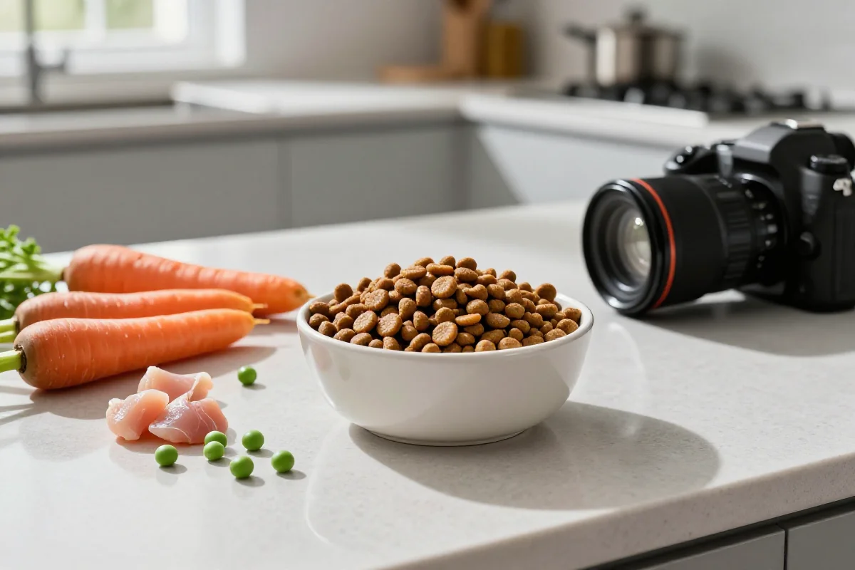 Bolle med tørr hundemat og friske ingredienser på kjøkkenbenk.