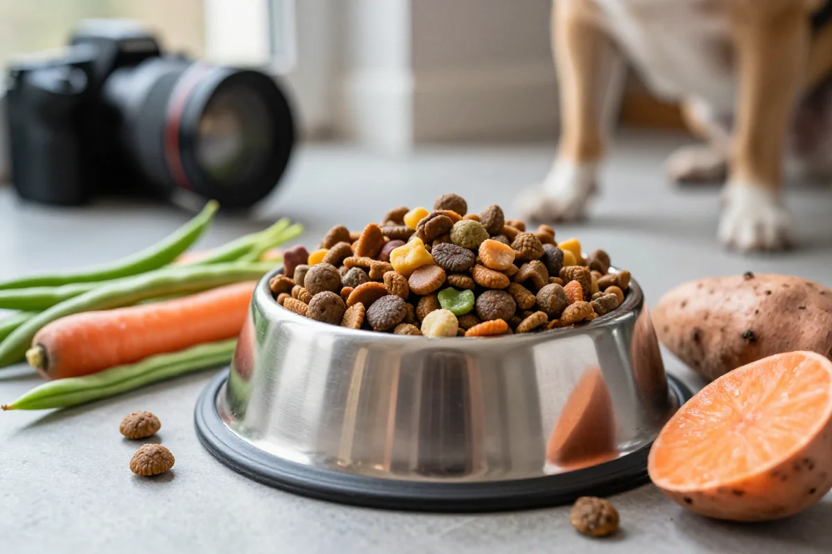 Hundevennlig fôr med kibble og friske ingredienser for sunn slanking.