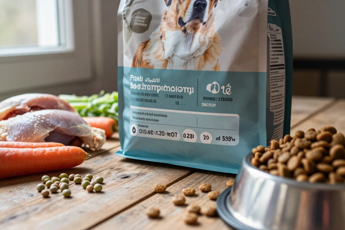 Hundematpakke med batch-nummer, kibble og ferske ingredienser på bordet.