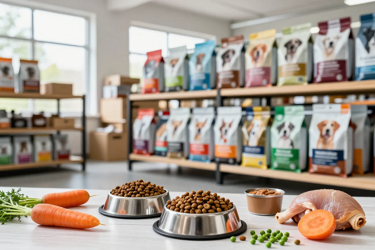 Produksjonsområde for hundemat med kibble og ferske ingredienser.