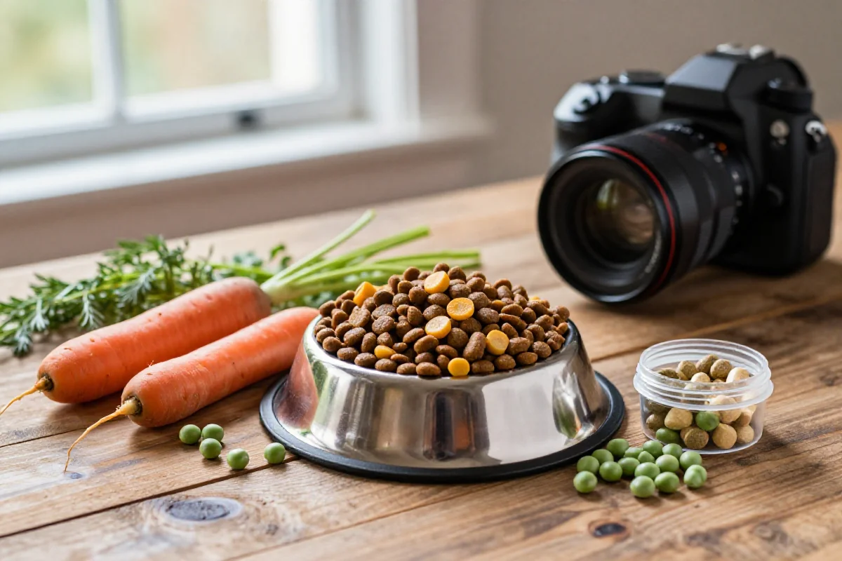 Hundefôr ingredienser med høy kvalitet på trebord, inkludert kibble og grønnsaker.