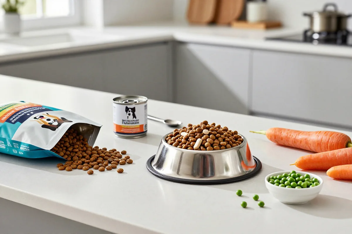 Bilde av hundemat og ingredienser på kjøkkenbenken, med fokus på hundens ernæring.