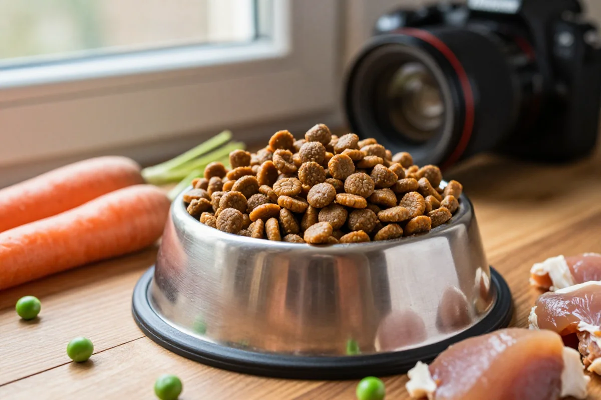 Hundematbolle med tørrfôr og friske ingredienser, naturlig belysning.