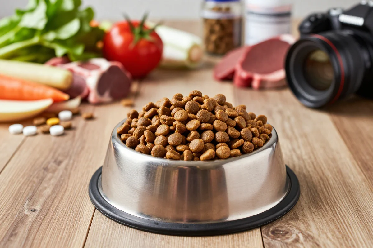Hundematbolle med tørrfôr, friske ingredienser og kosttilskudd i bakgrunnen.