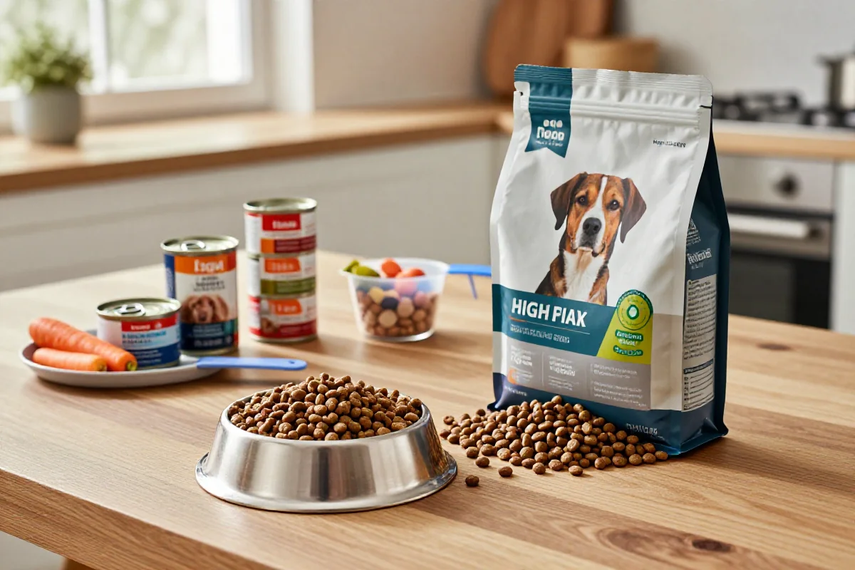 Variert utvalg av hundematprodukter og ingredienser på et kjøkkenbord.