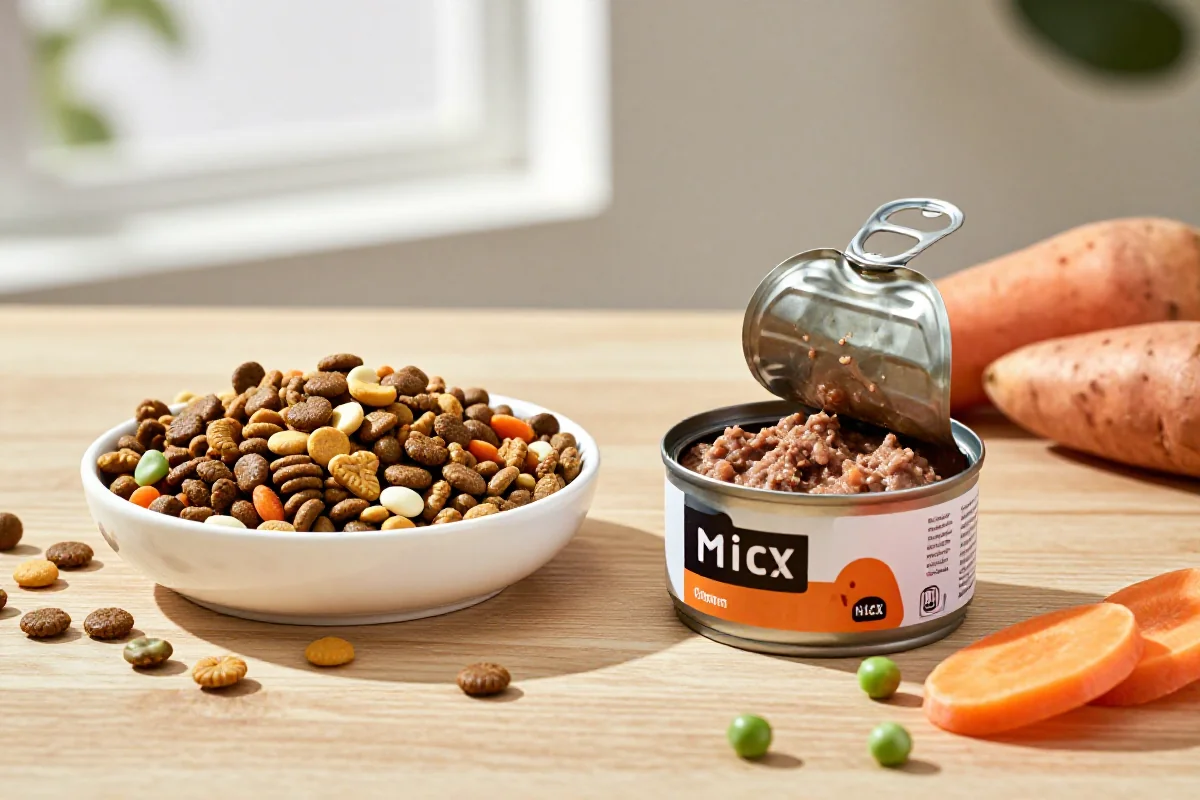 Fotografi av hundemat og ingredienser på et trebord, fokus på hundefôr.