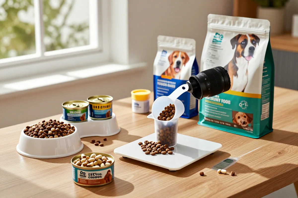 Hundemat for vektreduksjon med kibble, våtfôr og tilskudd på bord.