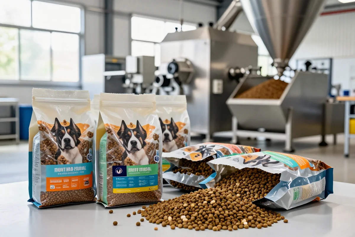 Bilde av hundematproduksjon med råfôr og kibble i fokus.
