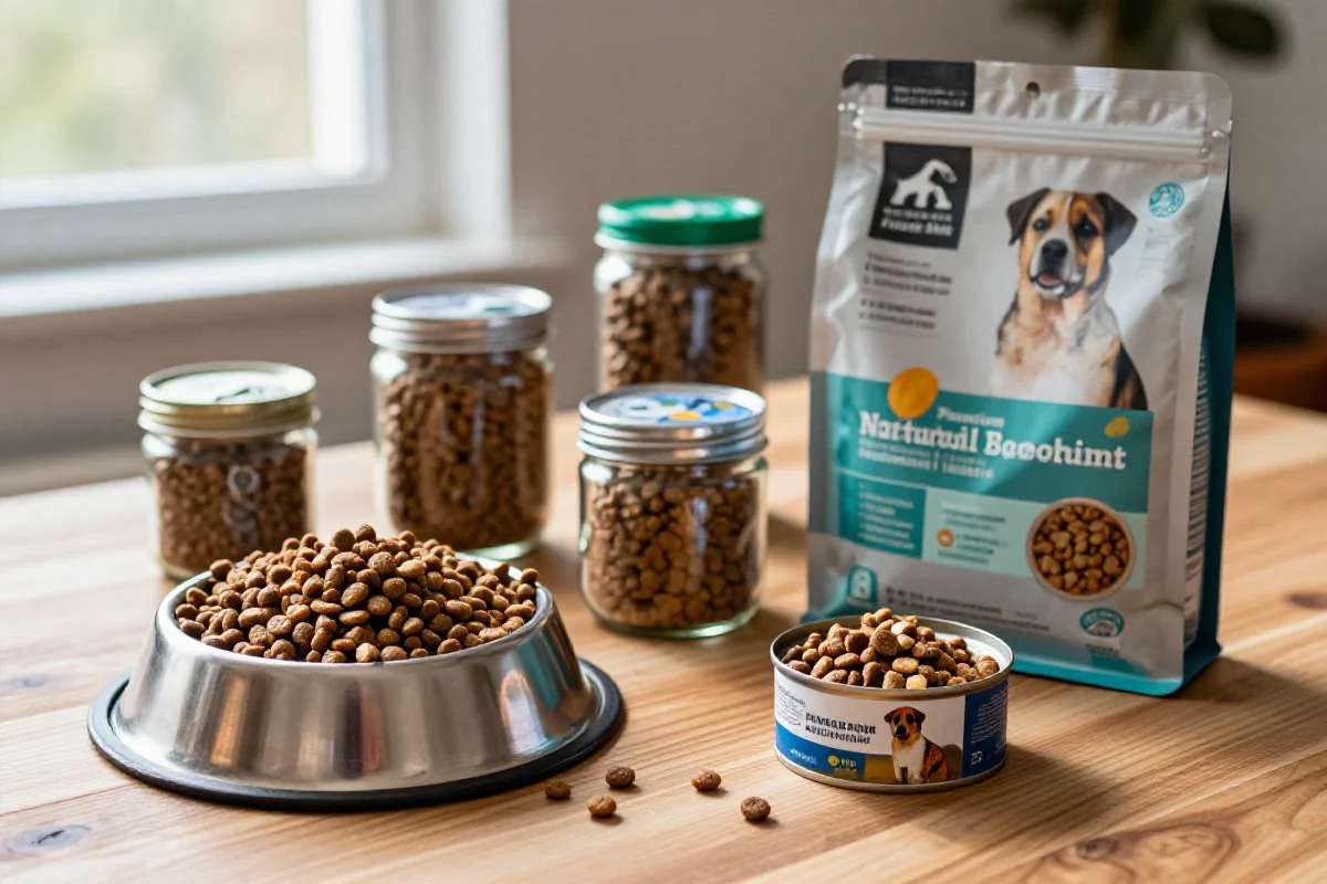 Ulike hundematprodukter og næringsstoffer på et trebord.