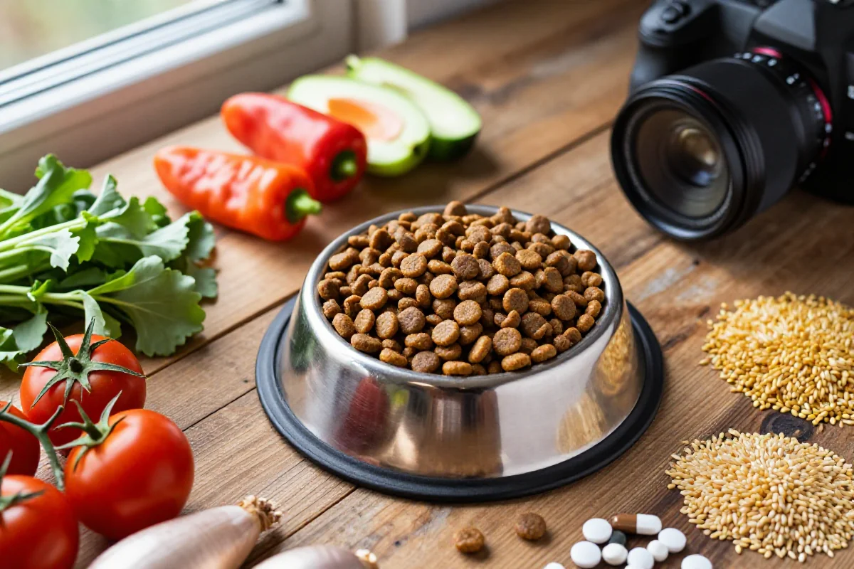 Hundefôr med kibble og ferske ingredienser på trebord.