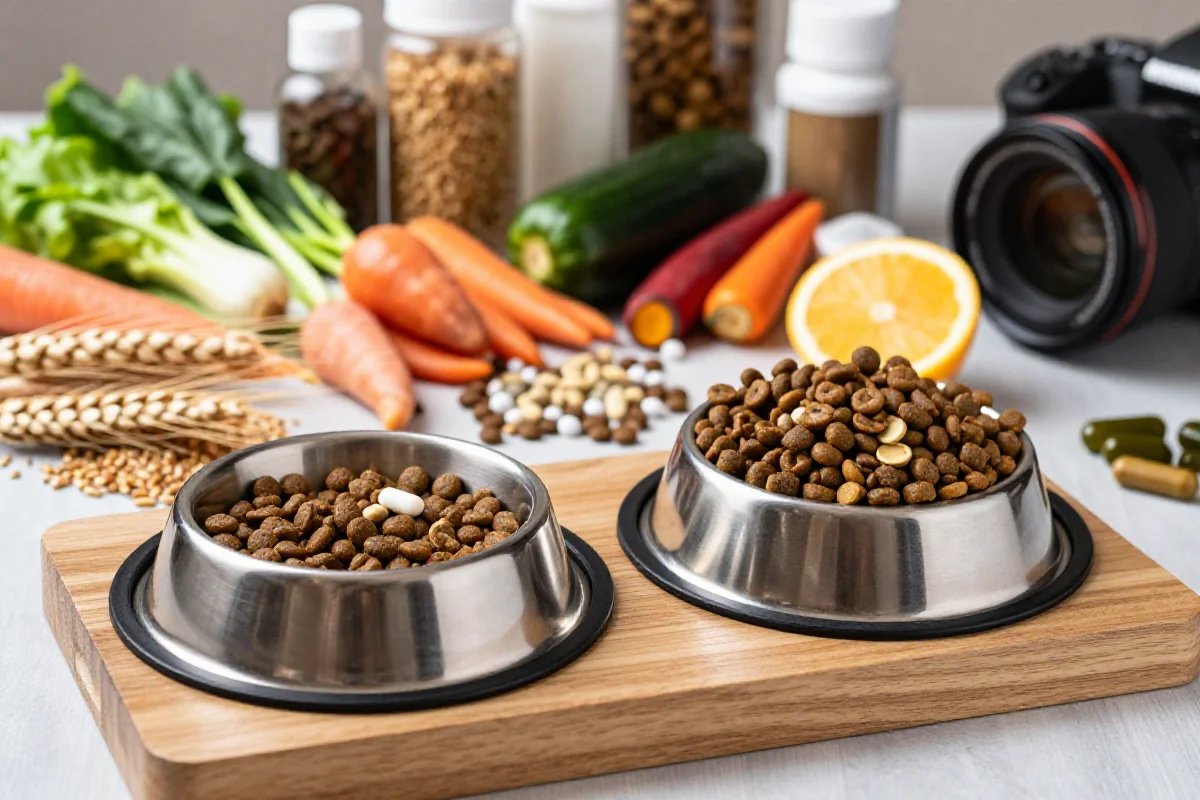 Hundeernæring: Hundefôr, kornfrie ingredienser og tilskudd på matstasjon.