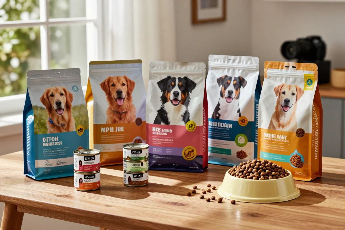 Varierte hundefôrprodukter og skåler på et bord, perfekt for hundeeiere.