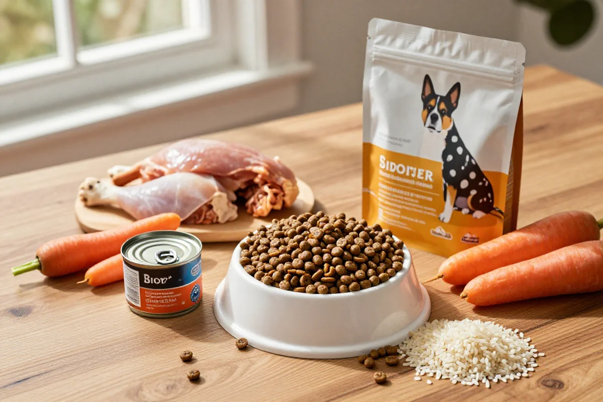 Utvalg av hundefôr og ingredienser for aktiv medium hund.