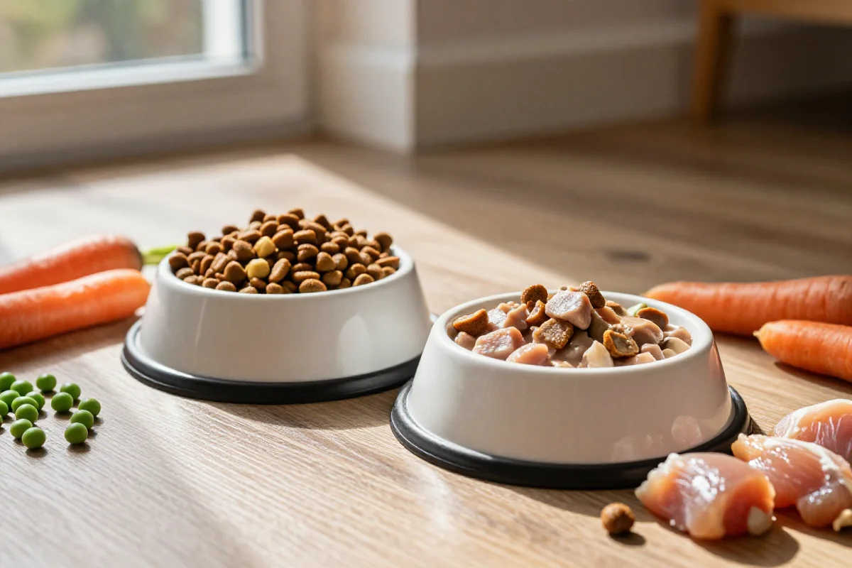 To hundemat i skåler med friske ingredienser, som fremhever hunders ernæringsbehov.