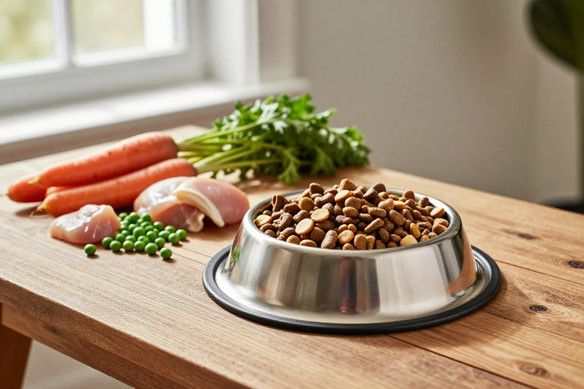 Hundematerstasjon med hundeskål og friske ingredienser for hundemat.