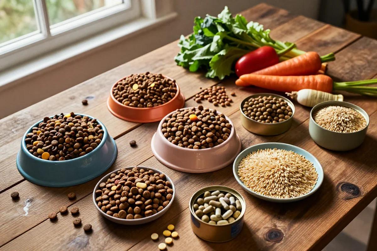 Fargerik samling av hundemat og ingredienser på et bord