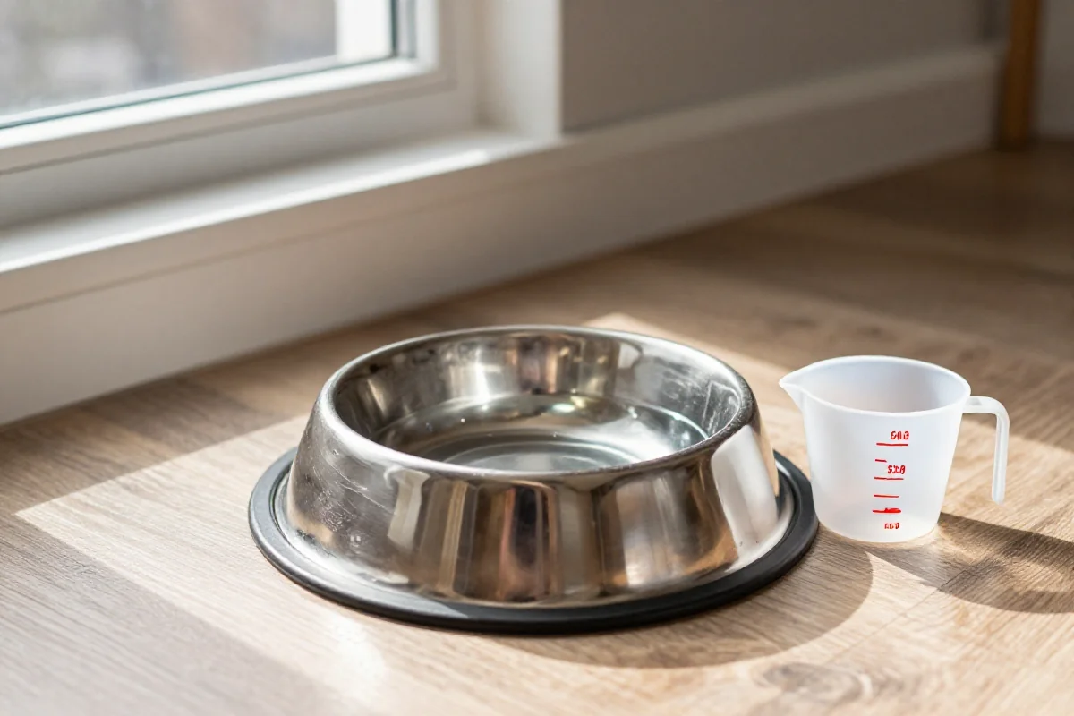 Stål hundeskål med klart vann og målebeger for hundens vannbehov.