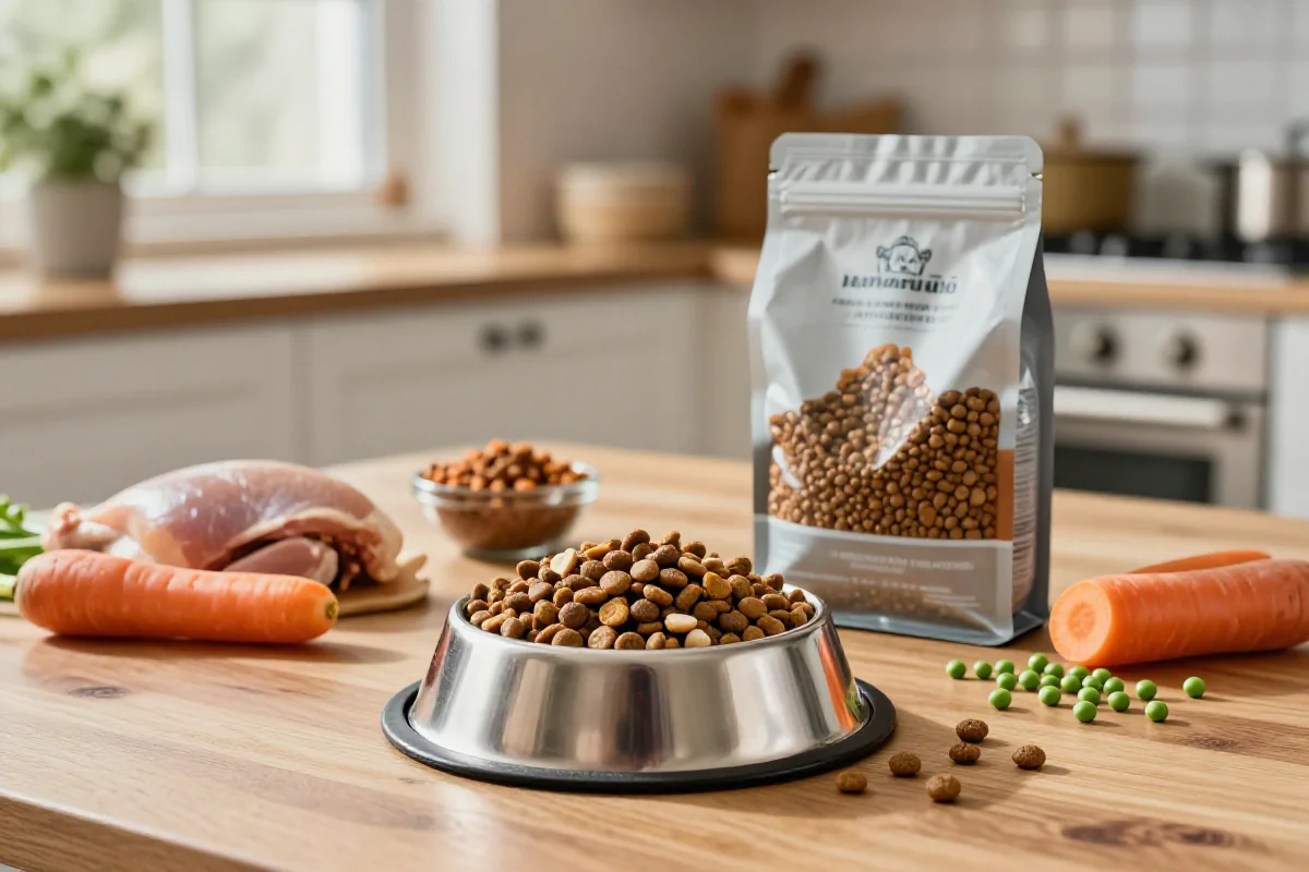 Variert hundemat med proteinrik kibble og ferske ingredienser for hundens ernæring.