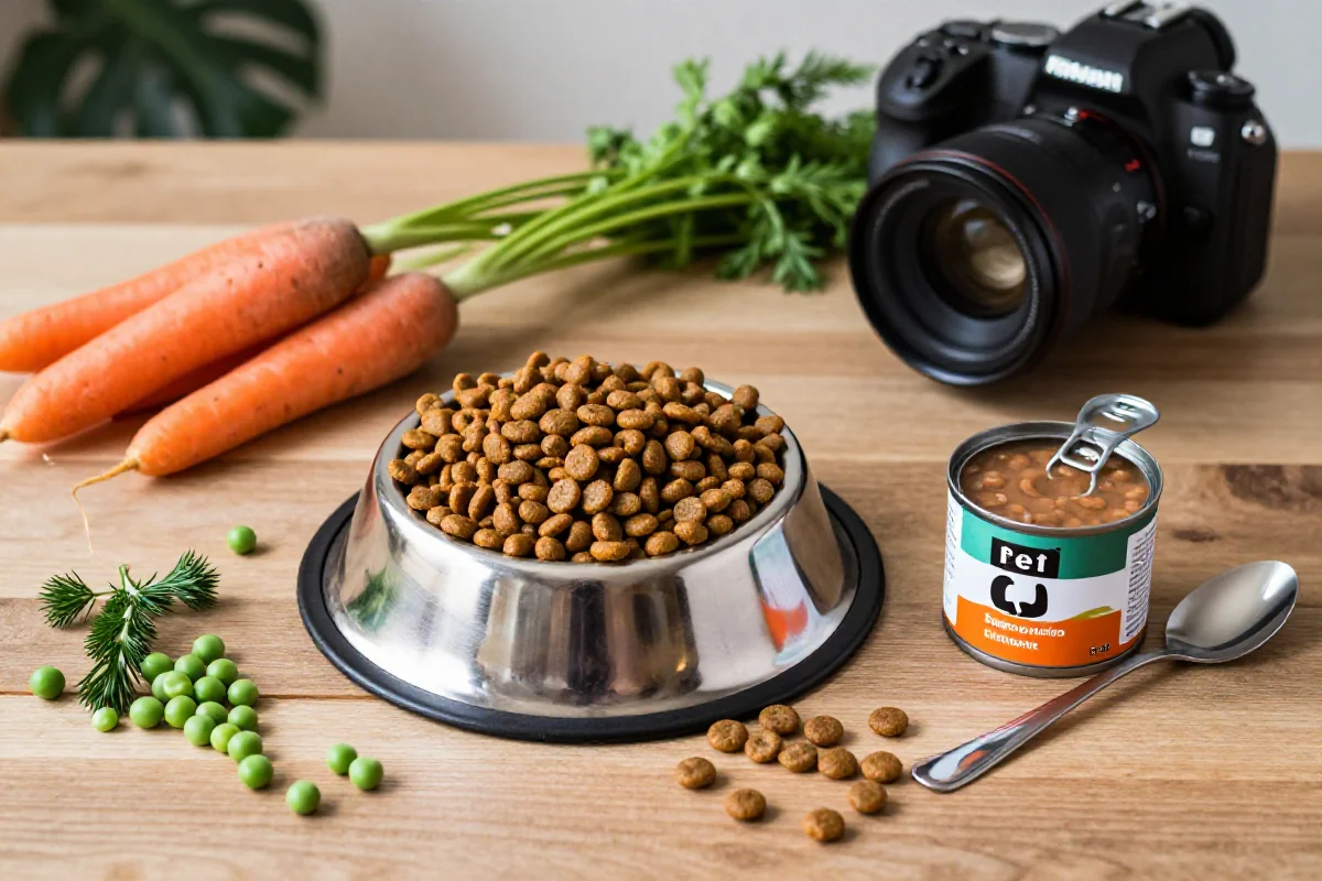 Bolle med tørr hundemat og våtfôr, friske ingredienser for hundernæring.