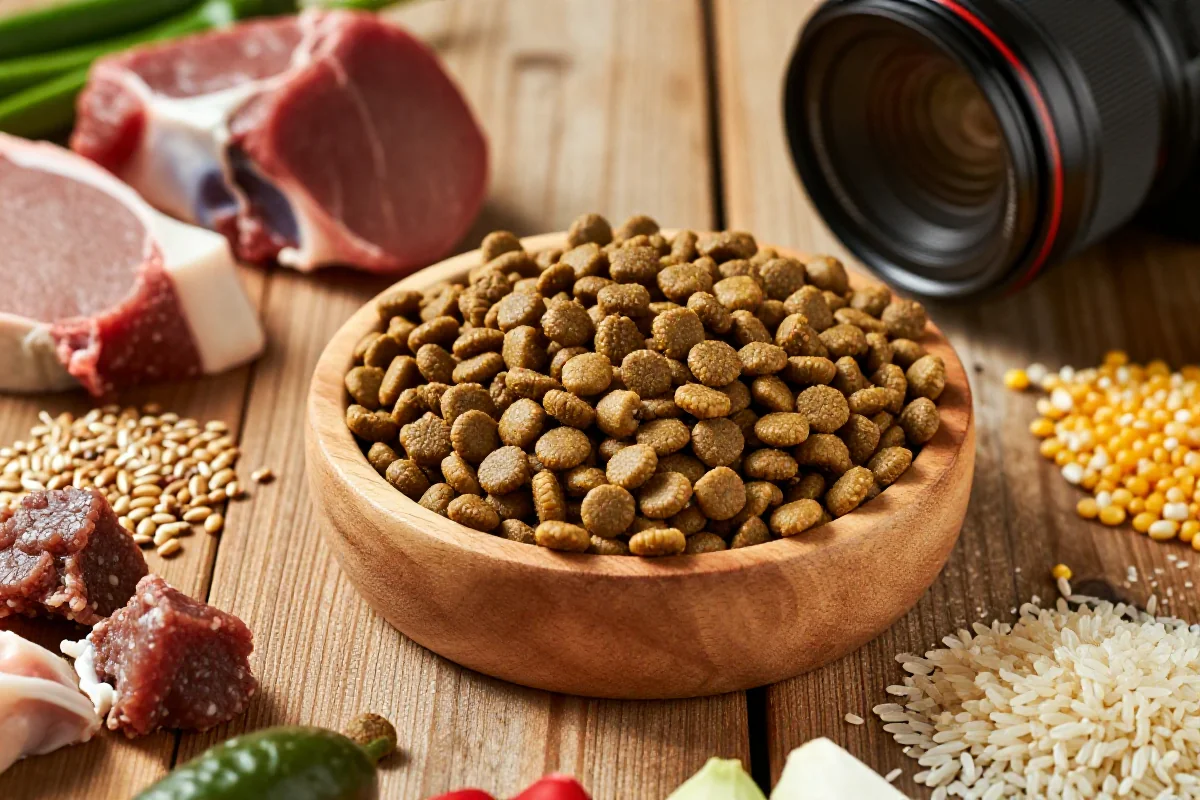 Tørr hundemat i en trebolle med rå ingredienser rundt