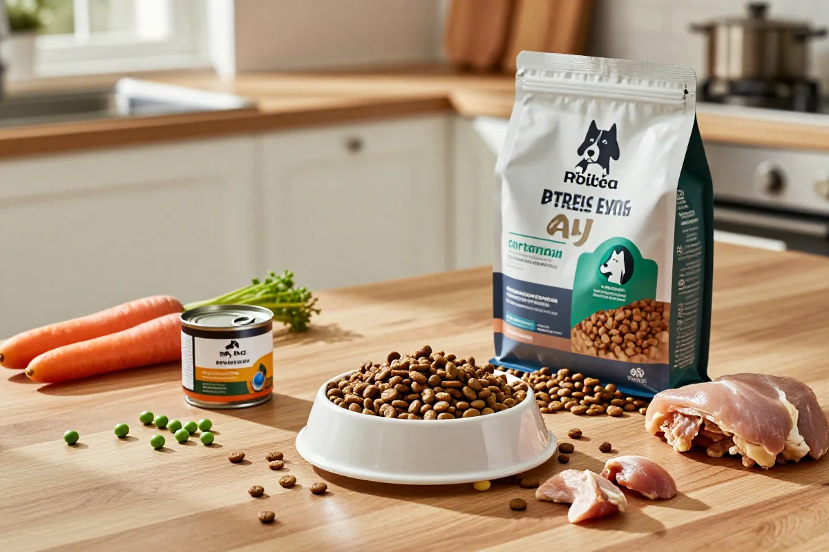 Bilde av hundefôrprodukter og friske ingredienser for hundens ernæring.