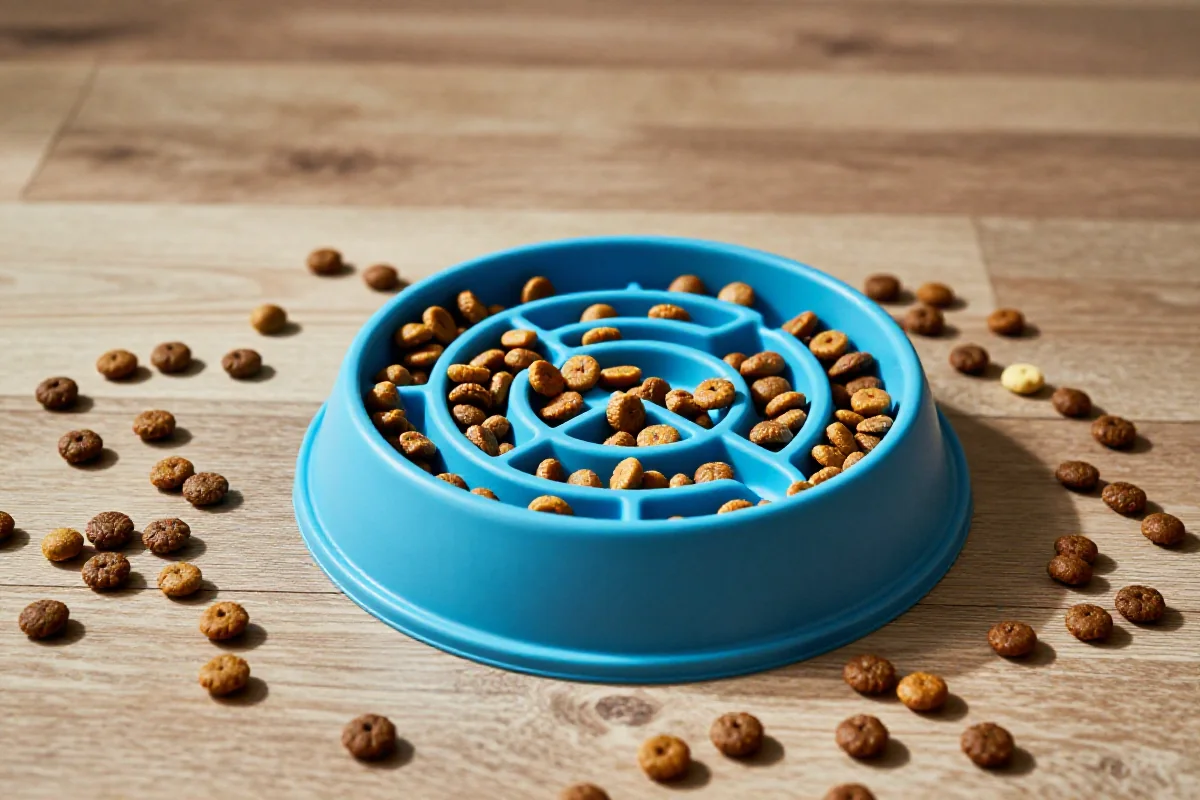 Slow feeder matskål med hundefôr i et naturlig miljø.