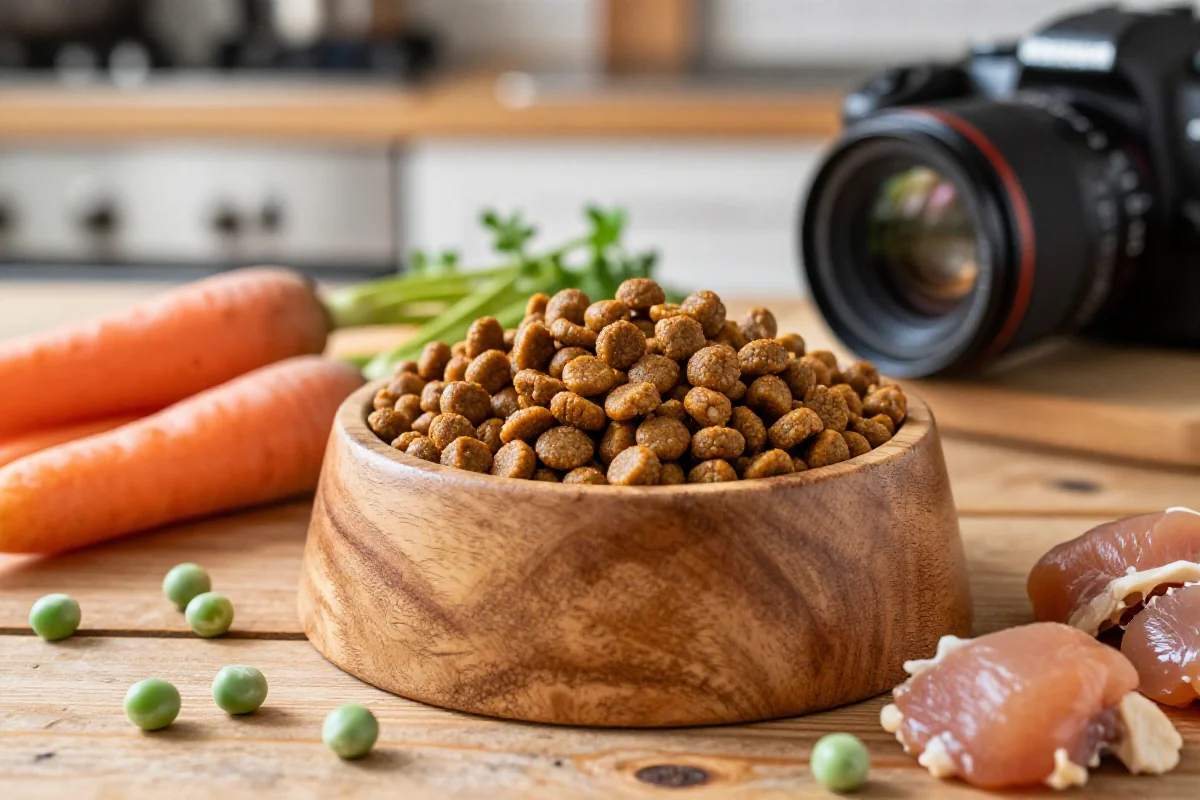 Hundefôrskål med tørrfôr og ferske ingredienser på trebord.