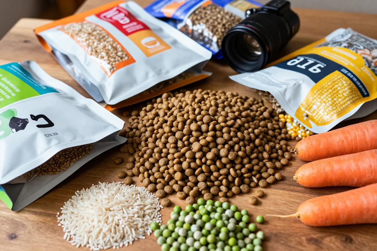 Variasjon av hundemat ingredienser som kibbler, ris og grønnsaker.