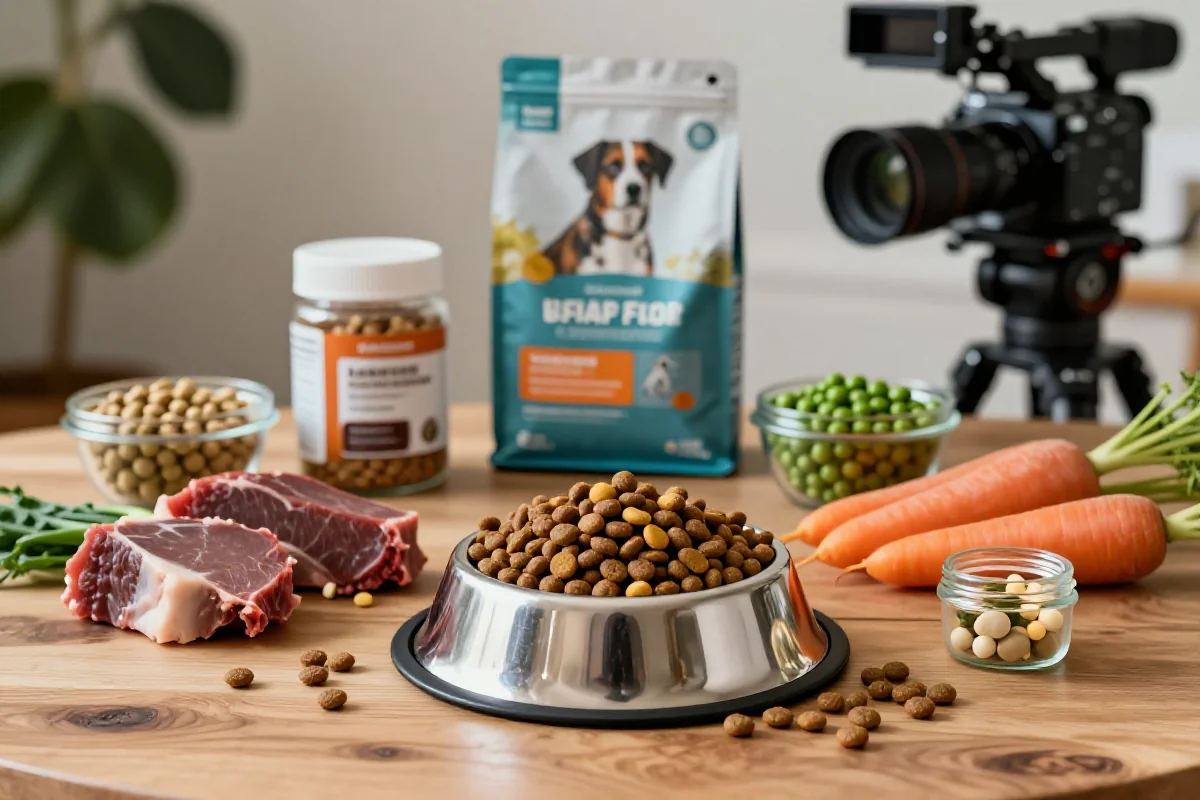 Høy kvalitet hundemat ingredienser på trebord, inkludert kibble og grønnsaker.