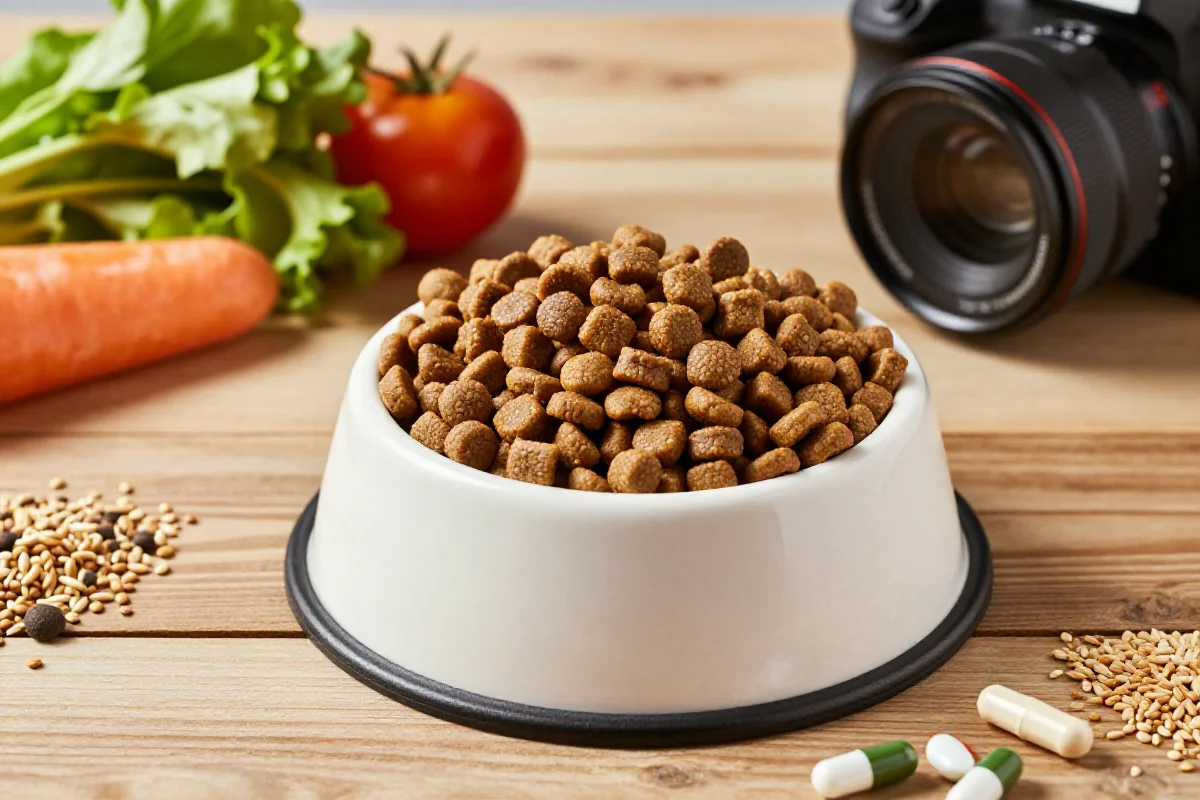 Hundematbolle med tørrfôr og friske ingredienser for hundens dagskostnad.