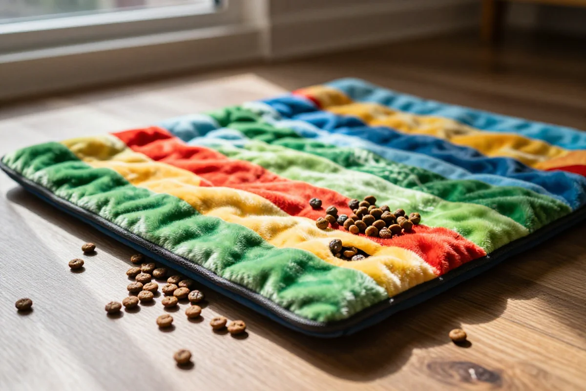 Fargerik snuffle mat for hunder med hundefôr spredt rundt.