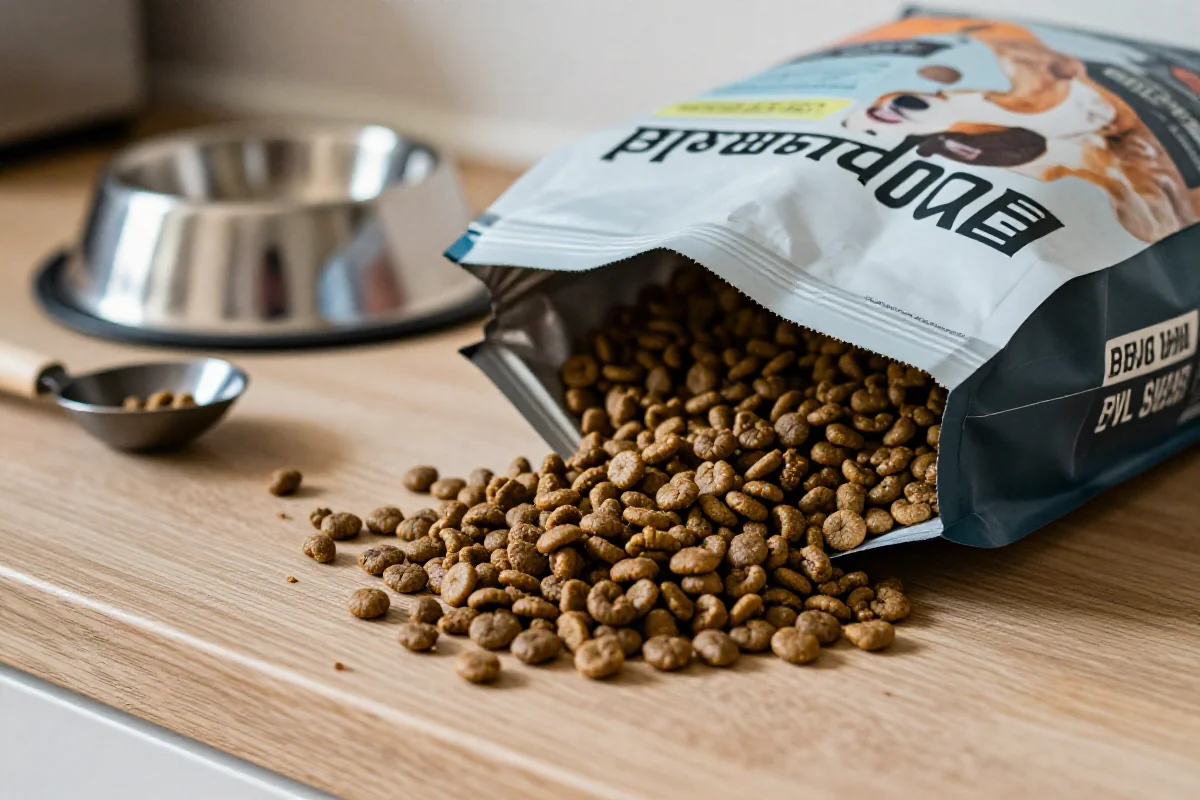 Nærbilde av hundematpose med batch-nummer og kibble på kjøkkenbenk.