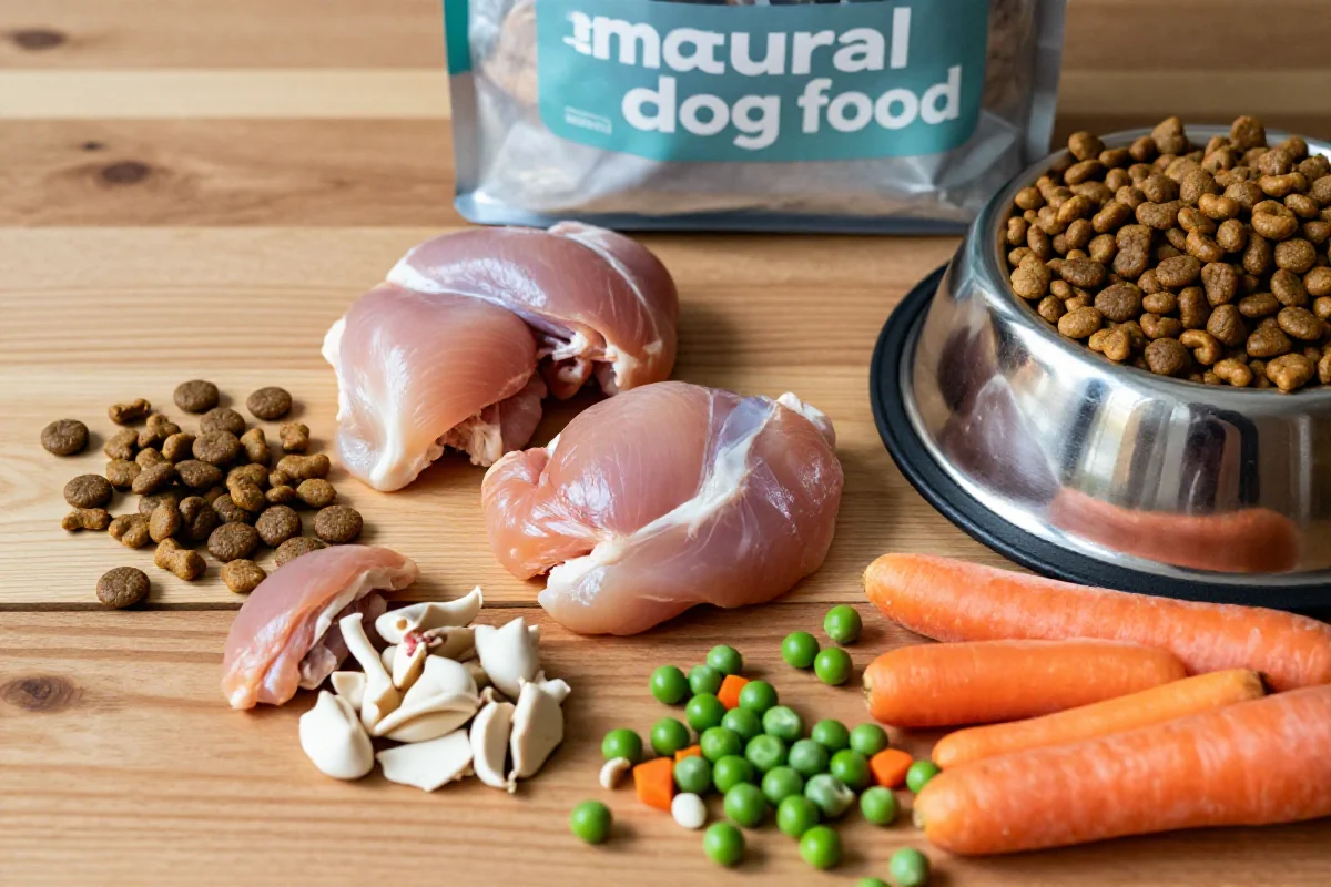 Hundefôr ingredienser som kibble, kylling og grønnsaker på bord