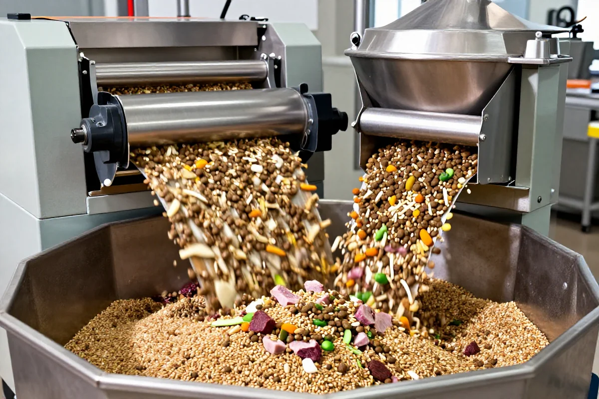 Moderne produksjon av hundemat med ingredienser og ekstruderingsmaskin.
