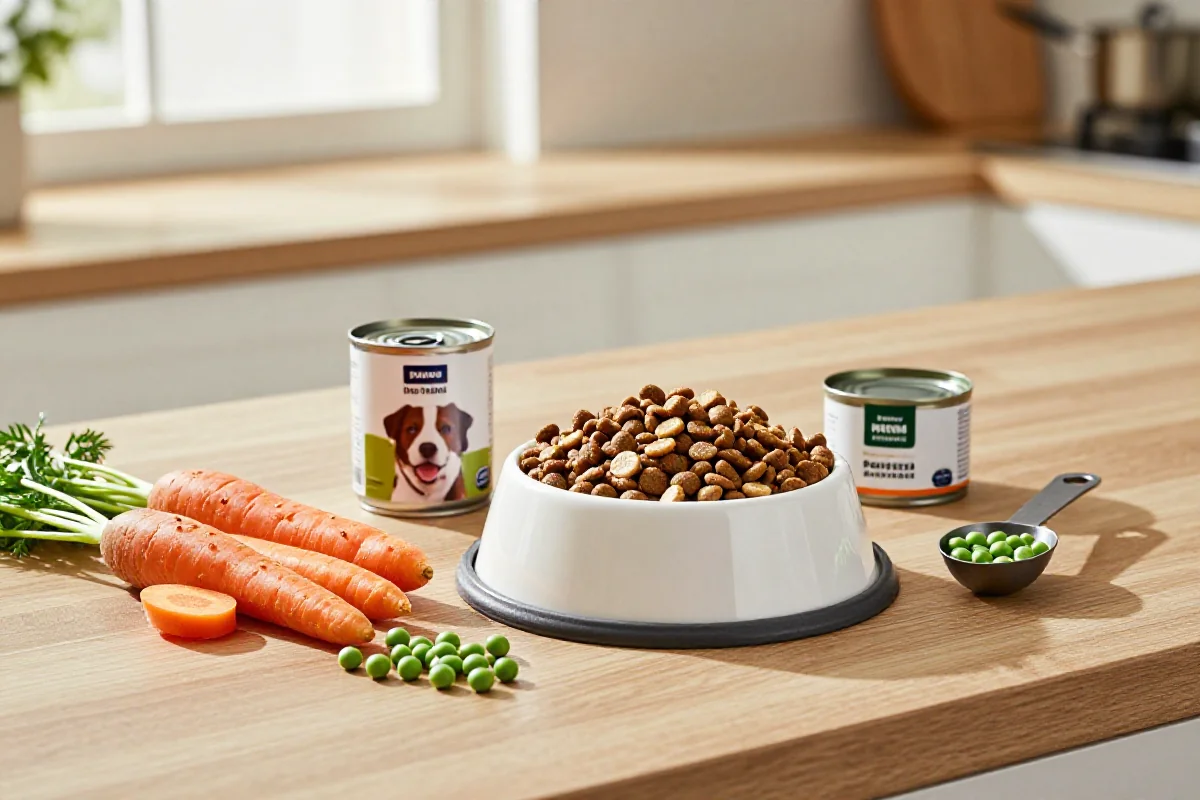 Fôringsrutiner for hund med hundemat og friske ingredienser på kjøkkenbenk.