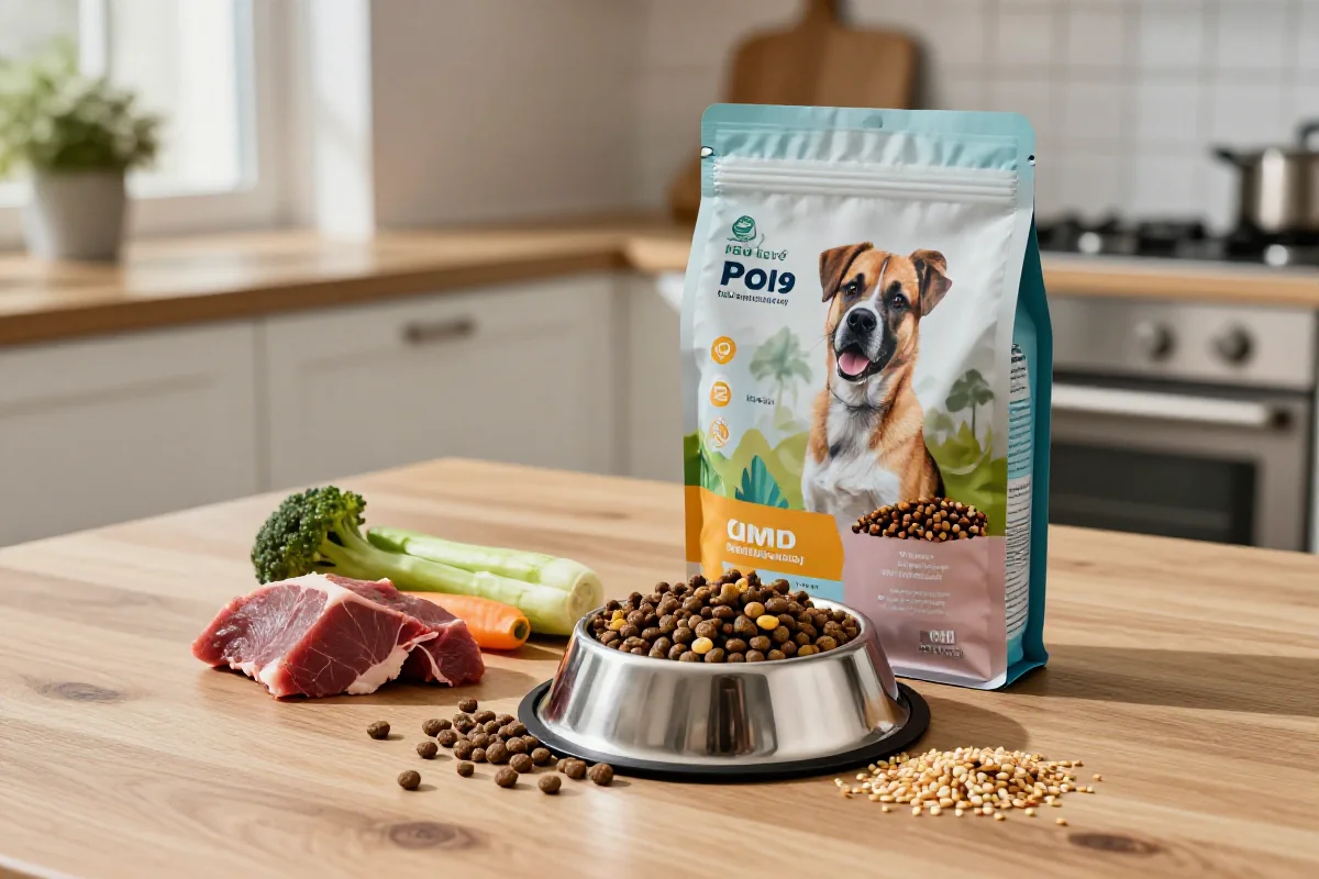 Bilde av hundematemballasje og kibble i en bolle med ingredienser.