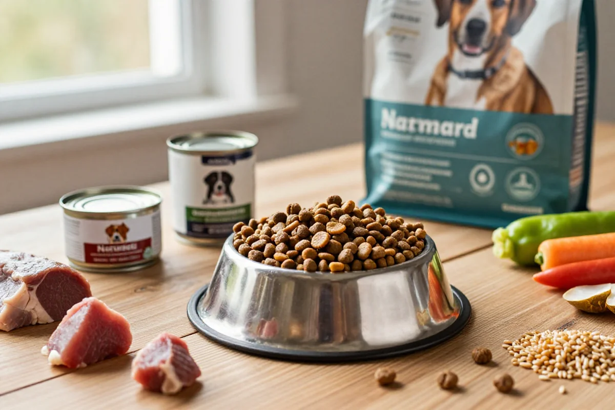 Varierte typer hundemat og ingredienser for hundernæring på et bord.
