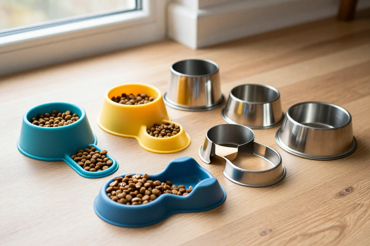 Slow feeders og puzzle feeders for hunder på et rent bord