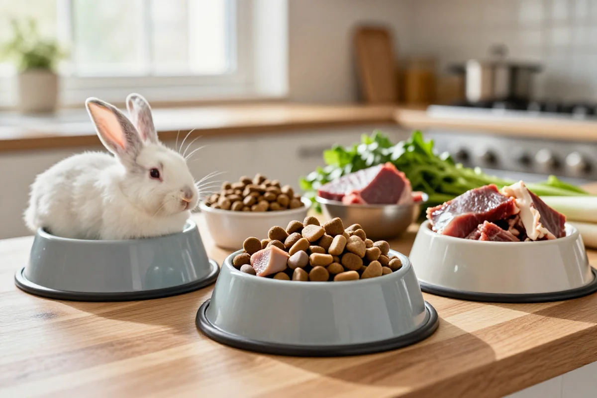 Uvanlige proteinkilder for hundefôr som kanin og hest i skåler.