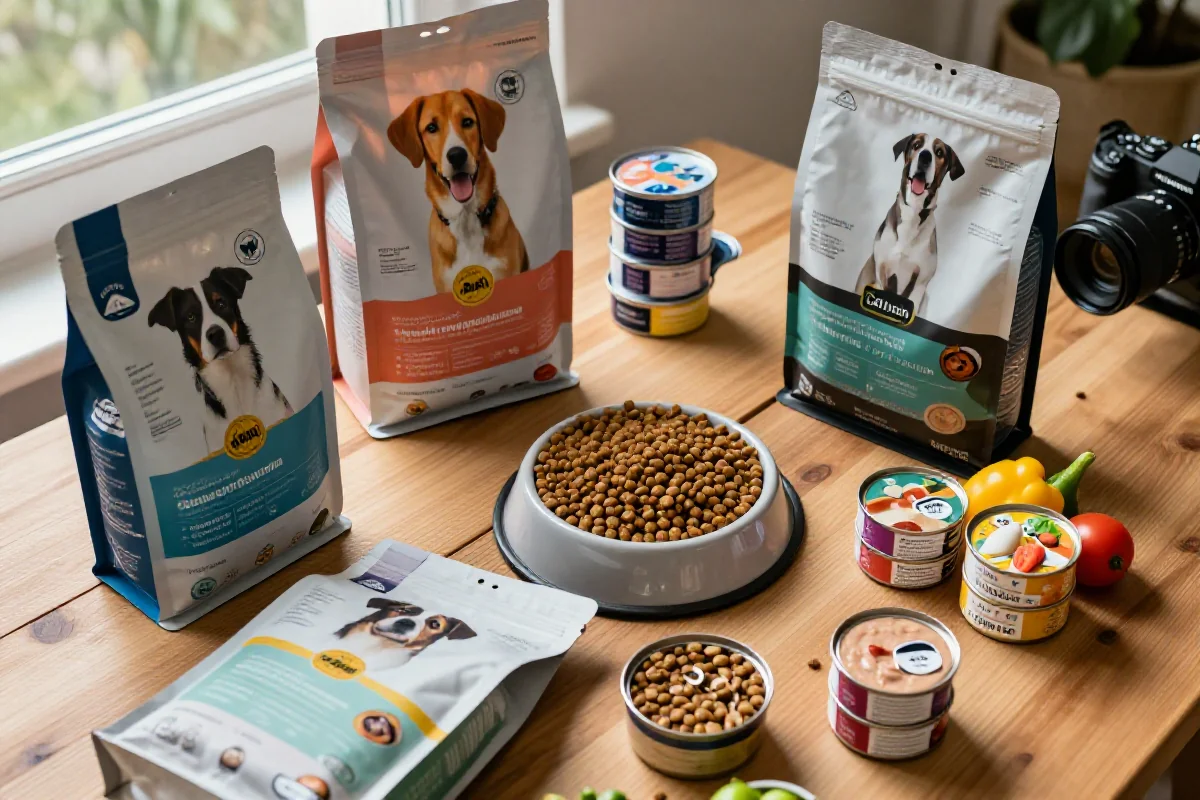 Variert hundemat med ingredienslister og ferske råvarer for hundeernæring.