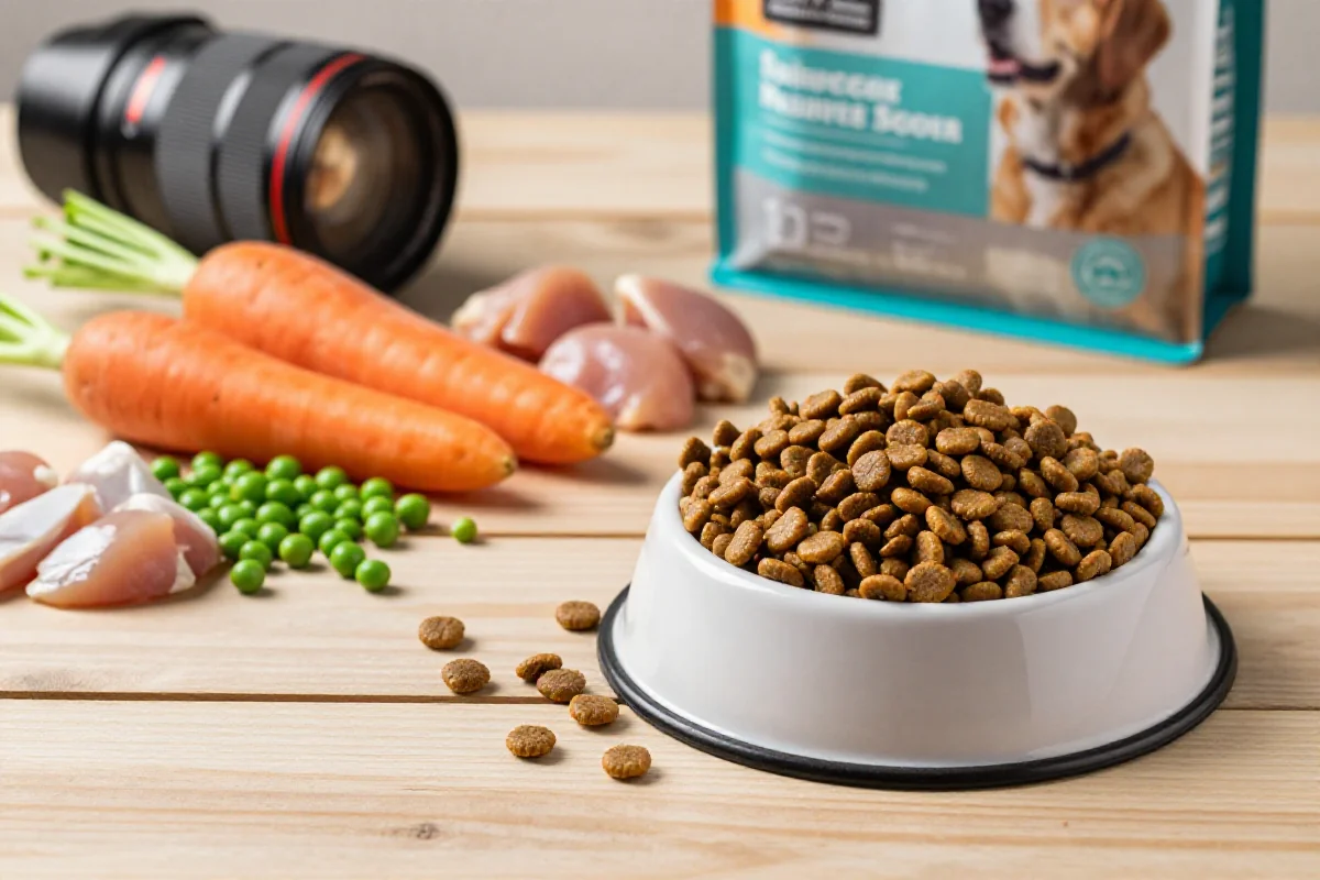 Hundefôr med tørrfôr, grønnsaker og protein på bordet, illustrerer hundenæring.