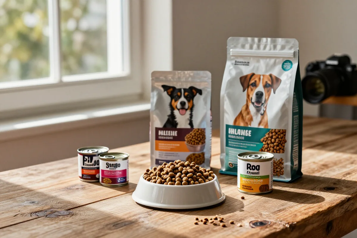 Ulike hundematprodukter som kibble og våtfôr på et trebord.
