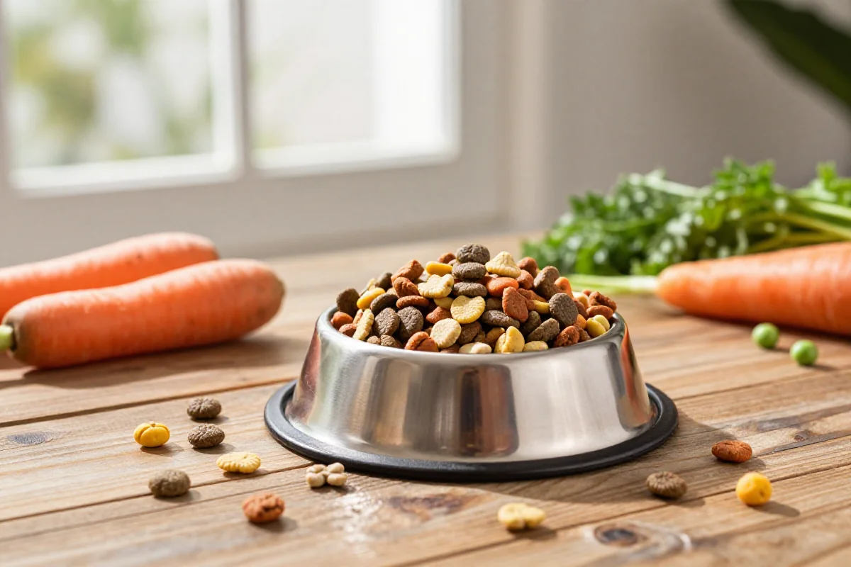 Variert hundemat kibble i en stålskål med friske ingredienser.