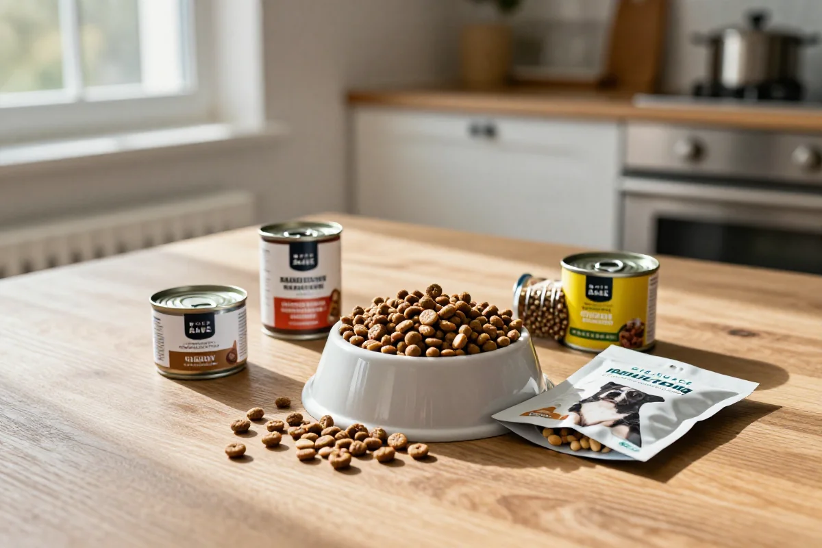 Ulike typer hundemat, inkludert tørrfôr og våtfôr, på et kjøkkenbord.